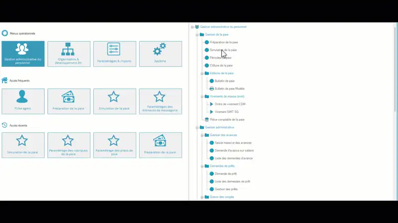 Animation du back-office RHP : navigation dans les menus de gestion administrative du personnel et de la paie